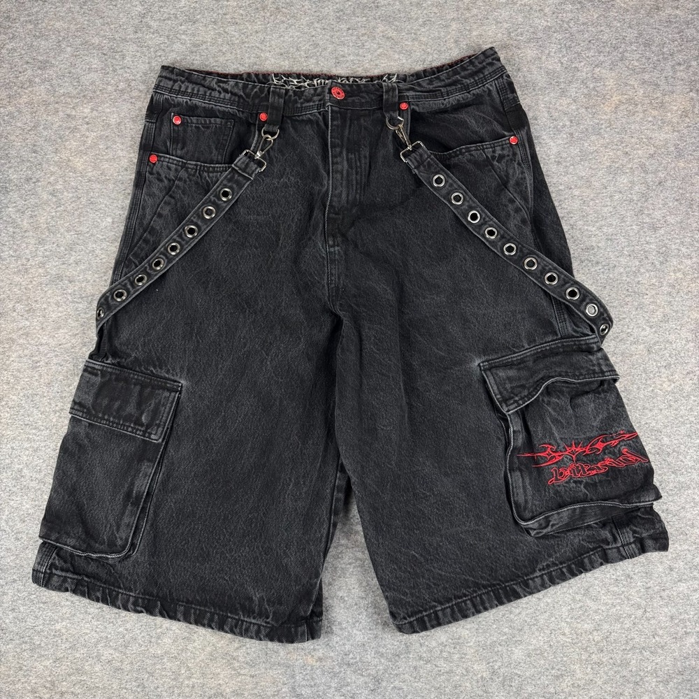 Vitriol Drained Ultra Wide Strap Cargo Black Shorts 15" Denim Mens 36